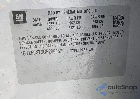 2016 Chevrolet Malibu 1Lt from USA, damaged, VIN 1G1ZE5ST5GF289437